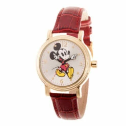 Disney Mickey Mouse Men's Gold Vintage Watch With Red Leather Strap