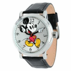 Disney Mickey Mouse Men's Silver Vintage Watch W/ Black Leather Strap